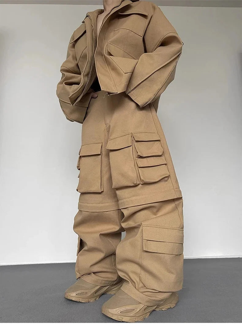 Super Wide Leg Khaki Zip Off Cargo Trousers — vista frontale