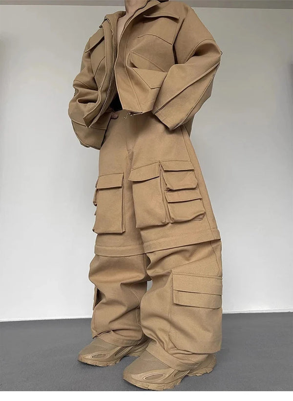 Super Wide Leg Khaki Zip Off Cargo Trousers — vista frontale
