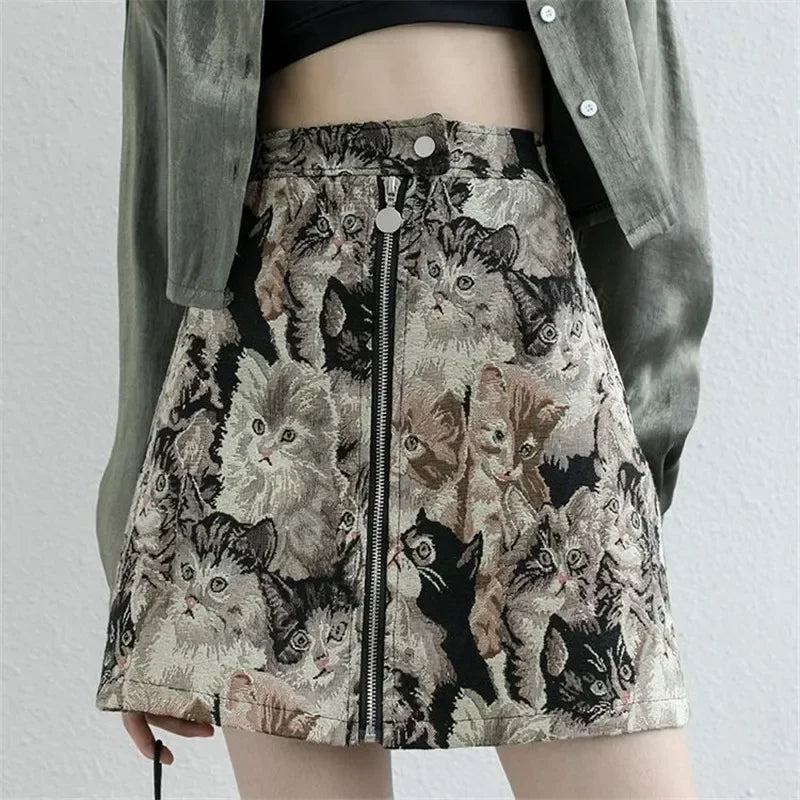 Sweet Cat Print A Line High Waist Mini Skirt — vista posteriore