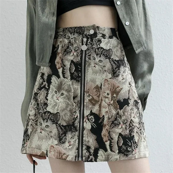 Y2K Sweet Cat Print A Line High Waist Mini Skirt