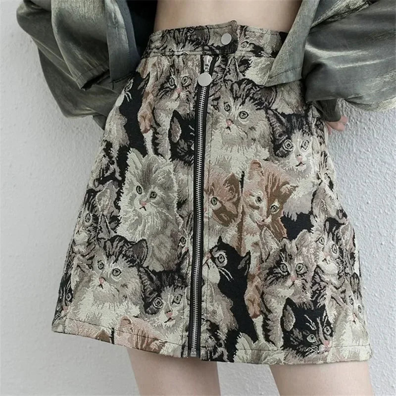 Sweet Cat Print A Line High Waist Mini Skirt — vista frontale