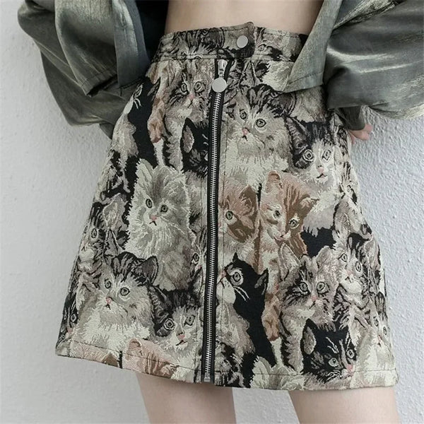 Sweet Cat Print A Line High Waist Mini Skirt — vista frontale
