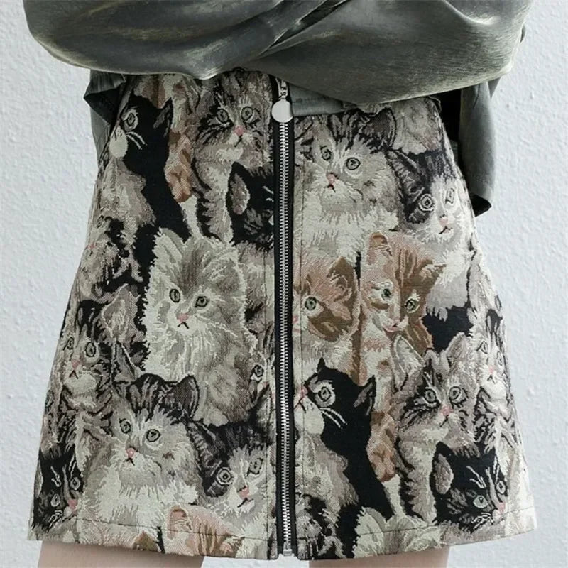 Sweet Cat Print A Line High Waist Mini Skirt — dettaglio