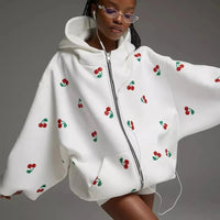 Sweet Cherry Print White Baggy Full Zip Up Hoodie — vista frontale