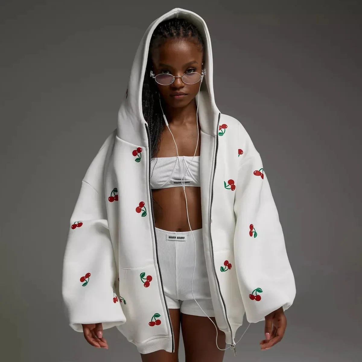 Sweet Cherry Print White Baggy Full Zip Up Hoodie — dettaglio