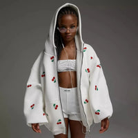 Sweet Cherry Print White Baggy Full Zip Up Hoodie — dettaglio