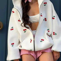 Sweet Cherry Print White Baggy Full Zip Up Hoodie — in alternativa