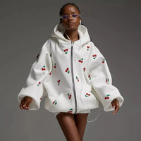 Sweet Cherry Print White Baggy Full Zip Up Hoodie — vista posteriore
