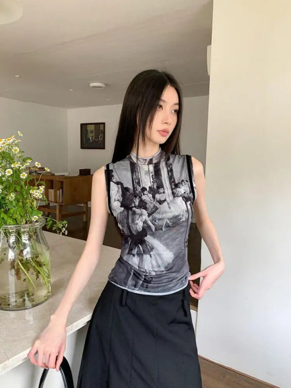 Thin Mesh Turtleneck Tank Top — vista frontale
