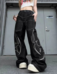Totem Print Graphic Wide Leg Baggy Jeans — dettaglio