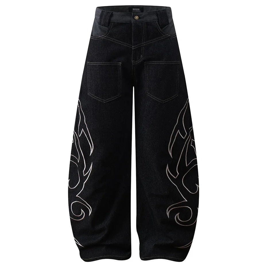 Tribal Embroidered Baggy Wide Leg Barrel Jeans — vista frontale
