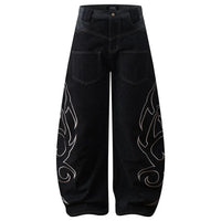 Tribal Embroidered Baggy Wide Leg Barrel Jeans — vista frontale