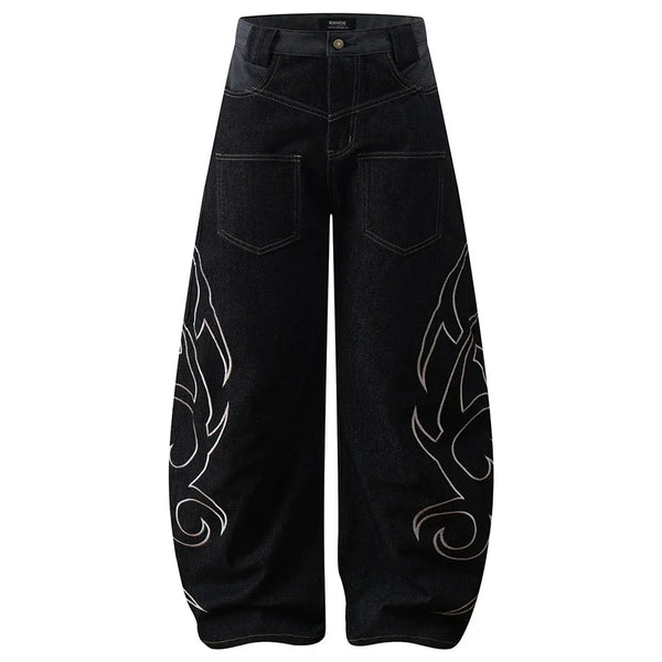 Tribal Embroidered Baggy Wide Leg Barrel Jeans — vista frontale