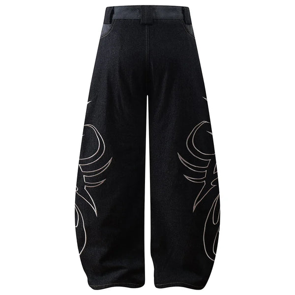 Y2K Tribal Embroidered Baggy Wide Leg Barrel Jeans