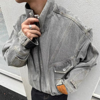 Upside Down Patchwork Zip Up Denim Jacket — vista posteriore