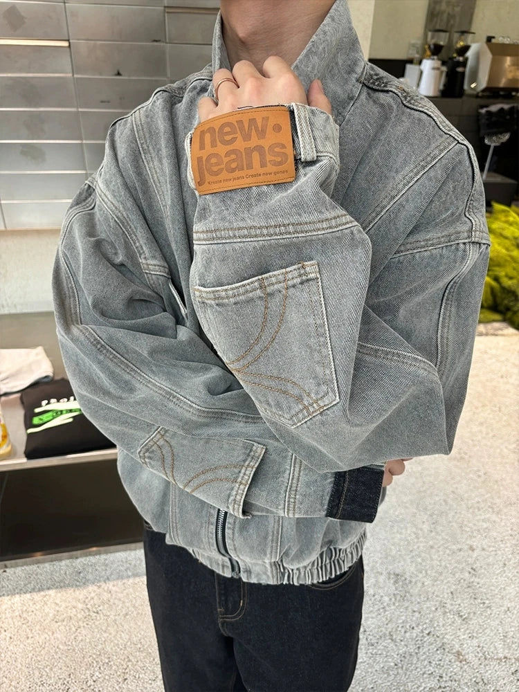 Upside Down Patchwork Zip Up Denim Jacket — vista laterale