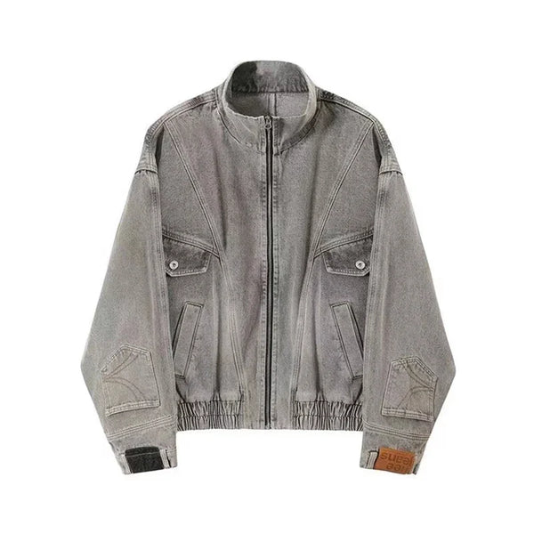 Upside Down Patchwork Zip Up Denim Jacket — vista frontale