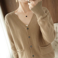 V Neck Button Up Cardigan With Pocket — vista posteriore