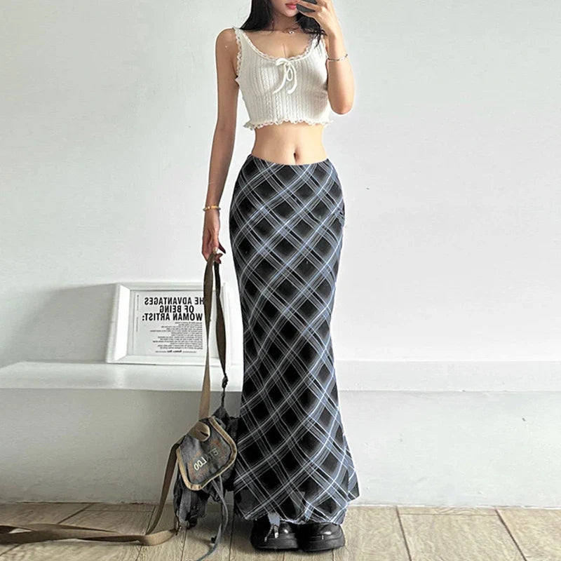 Vintage Aesthetic Plaid High Waist Maxi Skirt — vista completa