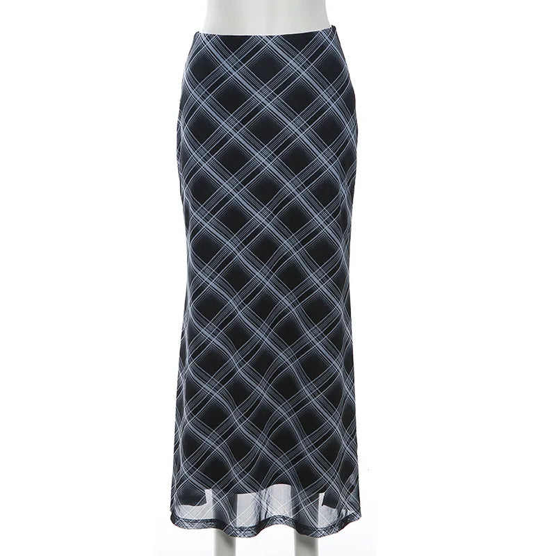 Vintage Aesthetic Plaid High Waist Maxi Skirt — vista frontale