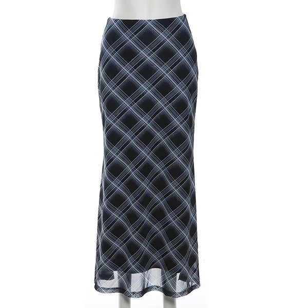 Vintage Aesthetic Plaid High Waist Maxi Skirt — vista frontale