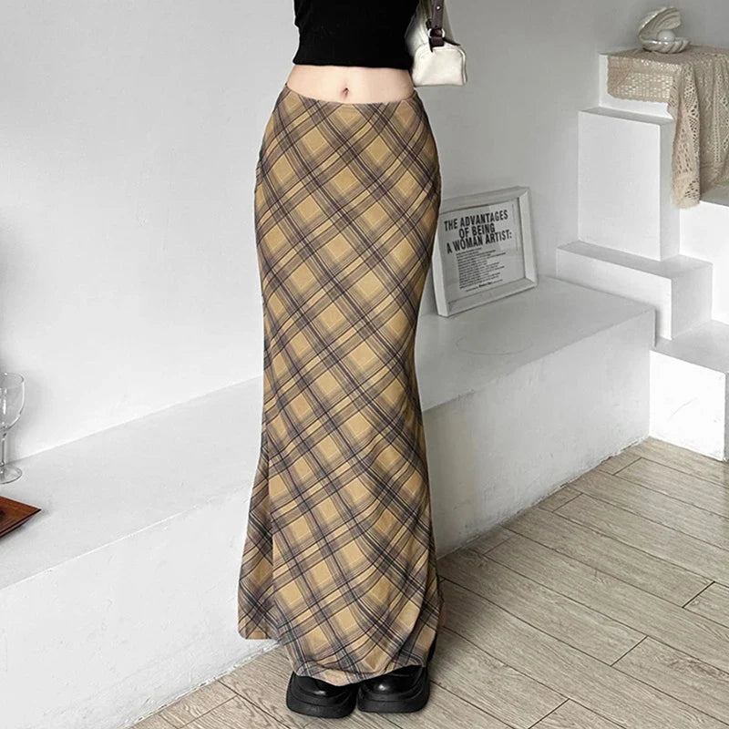 Vintage Aesthetic Plaid High Waist Maxi Skirt — dettaglio