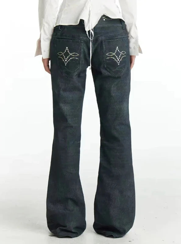 Vintage Aesthetic Print Flared Bootcut Jeans — vista posteriore