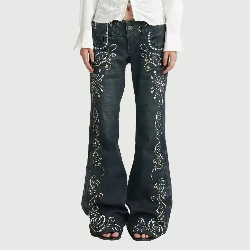 Vintage Aesthetic Print Flared Bootcut Jeans — vista frontale