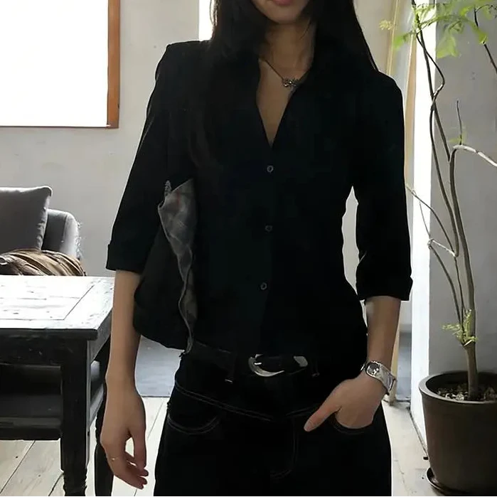 Vintage Casual Three Quarter Button Up Shirt — vista frontale