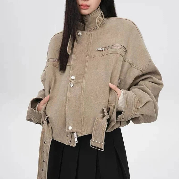 Vintage Crop Cargo Stand Collar Jacket — vista posteriore