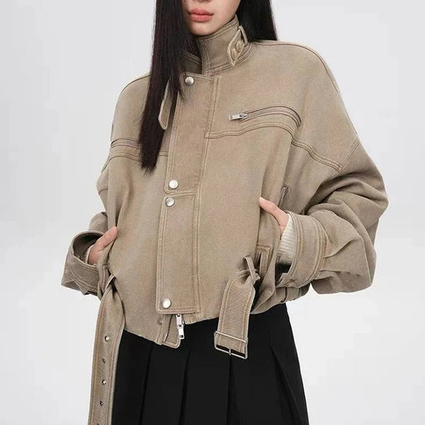 Y2K Vintage Crop Cargo Stand Collar Jacket