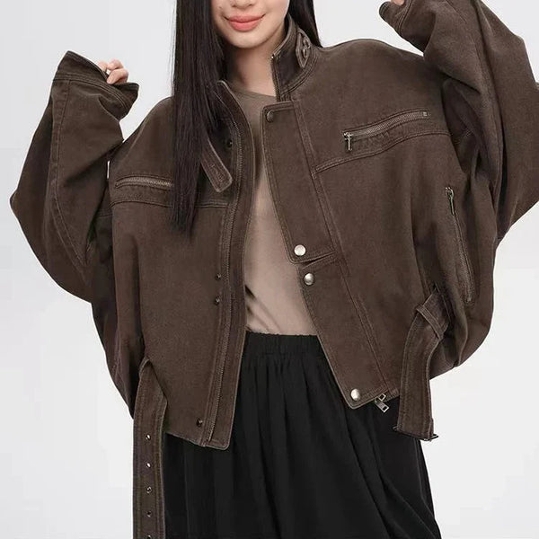 Vintage Crop Cargo Stand Collar Jacket — vista frontale
