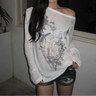 Y2K Vintage Dark Romance Graphic Long Sleeve Off Shoulder Top