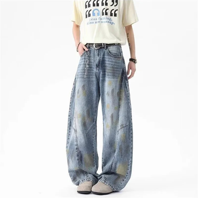 Vintage Distressed Graffiti Denim Barrel Jeans — vista posteriore