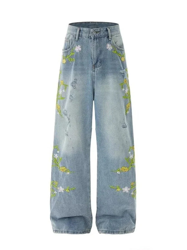Vintage Floral Embroidered Design Jeans — vista frontale