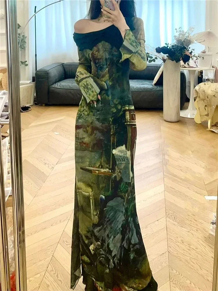 Vintage Green Maxi Dress — dettaglio della stampa