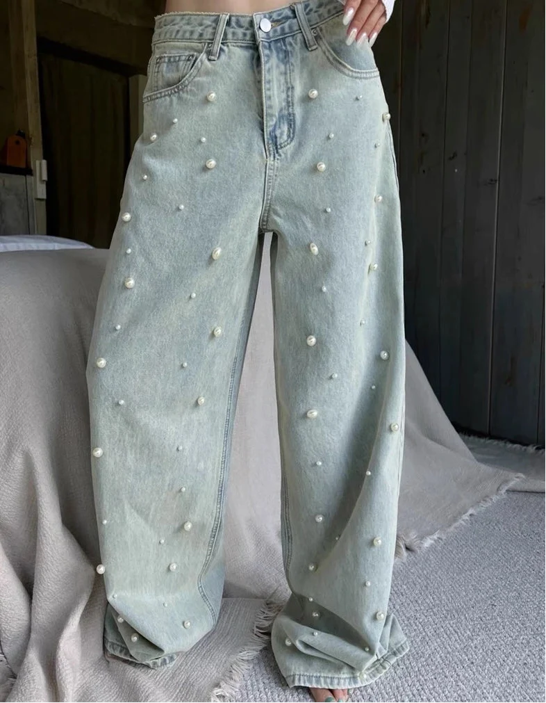 Vintage High Waist Loose Beading Denim Jeans — vista frontale