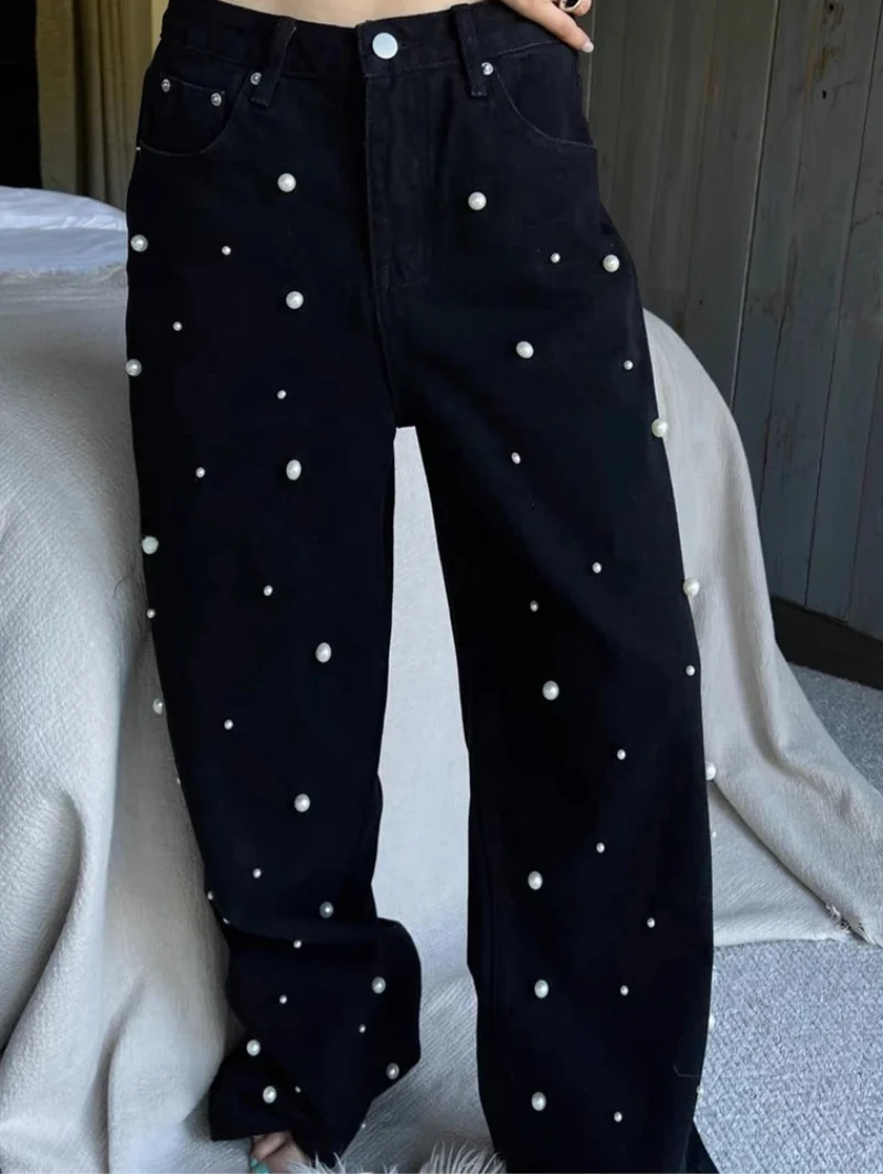 Vintage High Waist Loose Beading Denim Jeans — vista posteriore