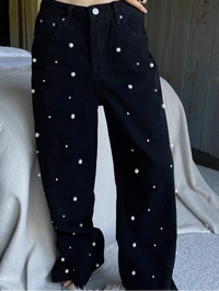 Vintage High Waist Loose Beading Denim Jeans — vista posteriore