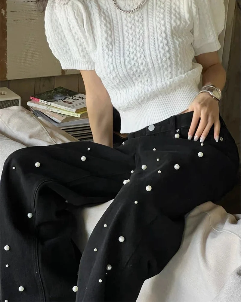 Vintage High Waist Loose Beading Denim Jeans — dettaglio della stampa