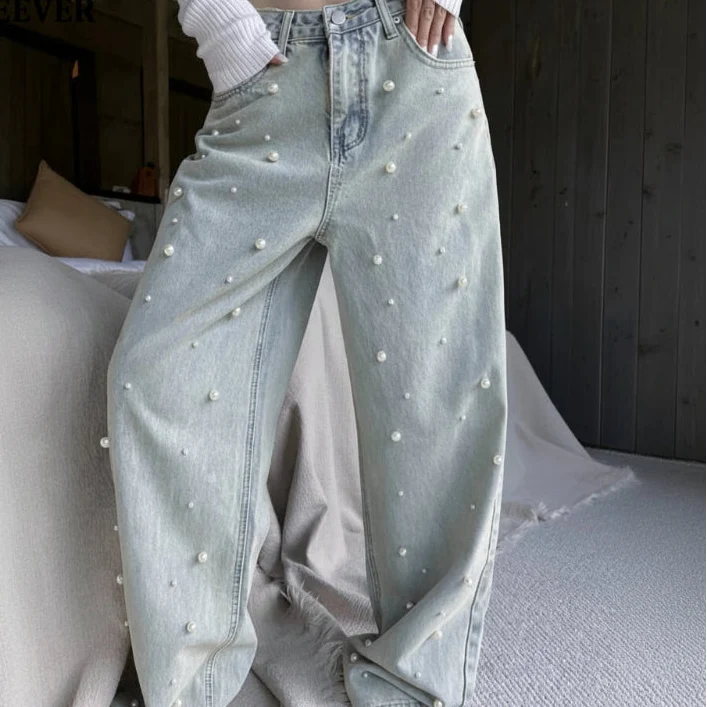 Vintage High Waist Loose Beading Denim Jeans — dettaglio