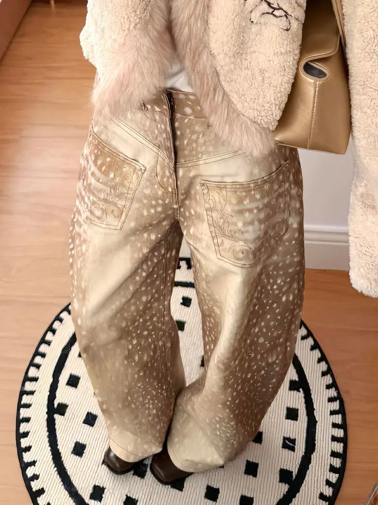 Vintage Hyena Animal Print Wide Leg Baggy Jeans — dettaglio