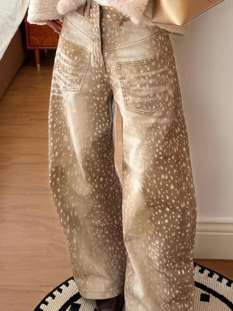 Vintage Hyena Animal Print Wide Leg Baggy Jeans — vista laterale