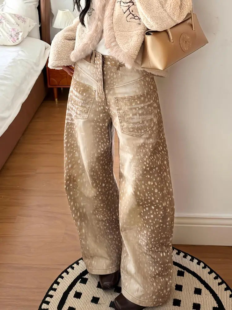 Vintage Hyena Animal Print Wide Leg Baggy Jeans — vista frontale