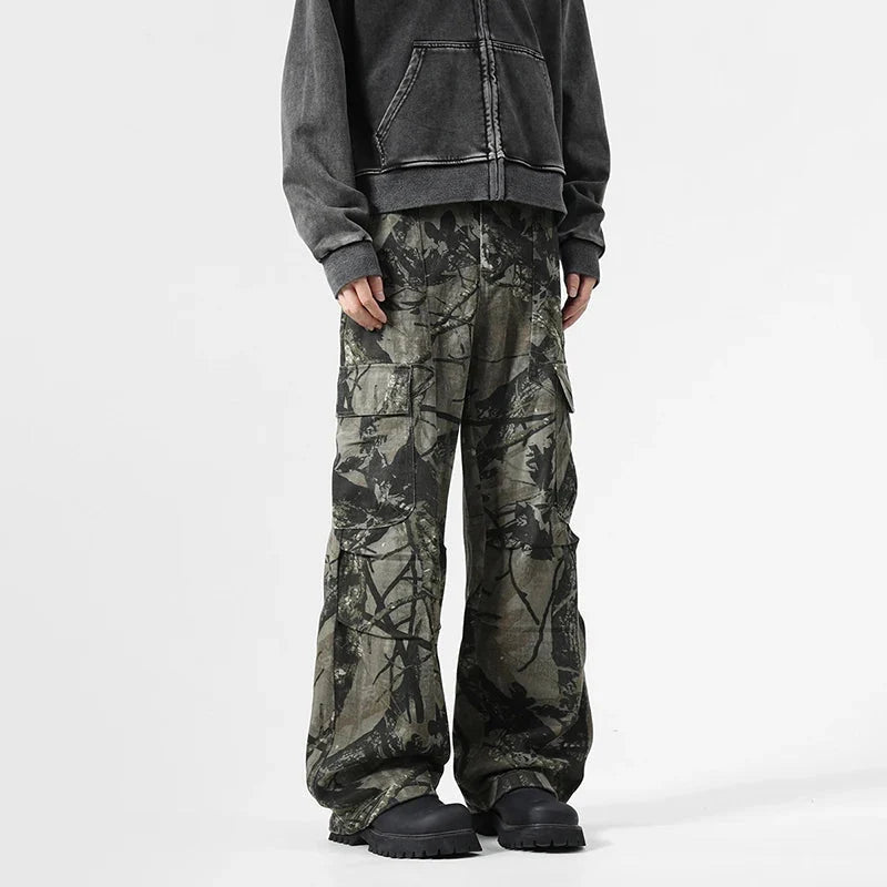 Vintage Leaf Pattern Camouflage Cargo Trousers — dettaglio
