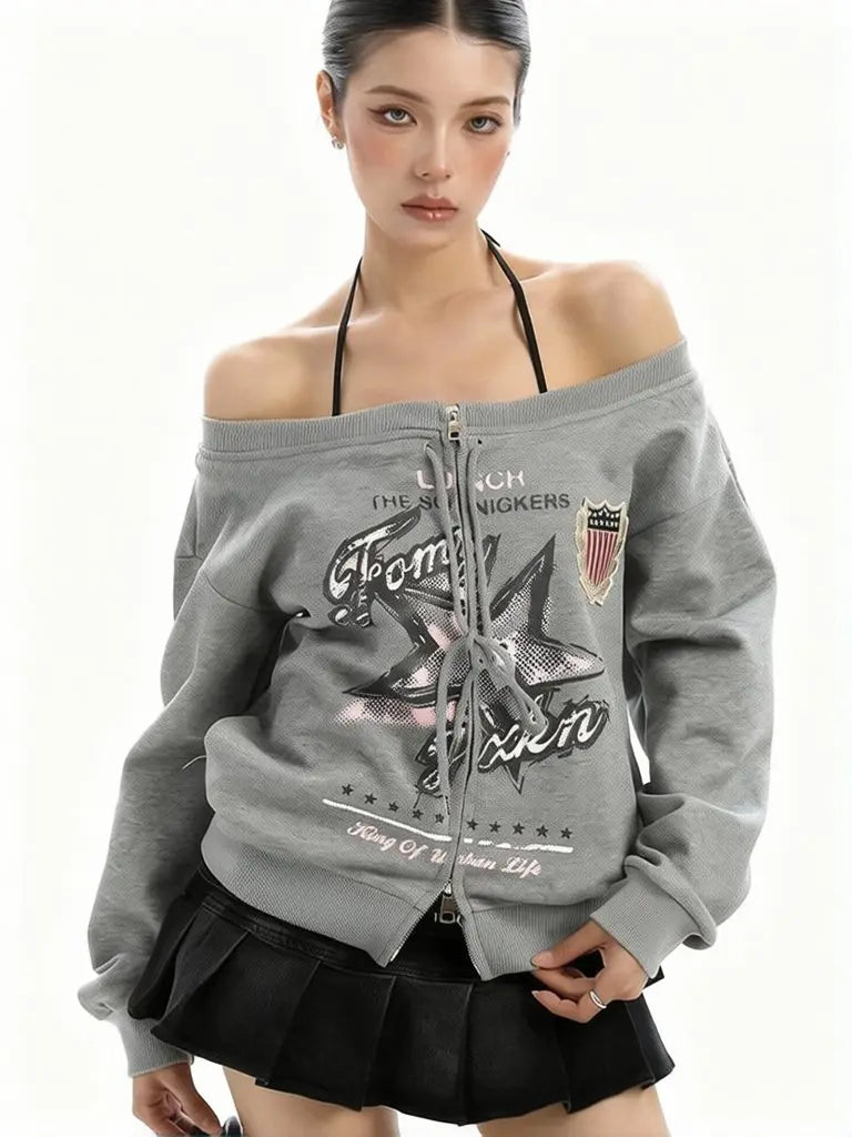 Vintage Oversized Off Shoulder Sweatshirt Jacket — vista laterale