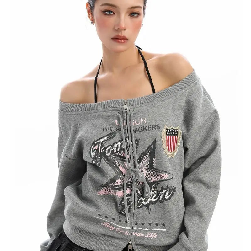 Vintage Oversized Off Shoulder Sweatshirt Jacket — vista frontale