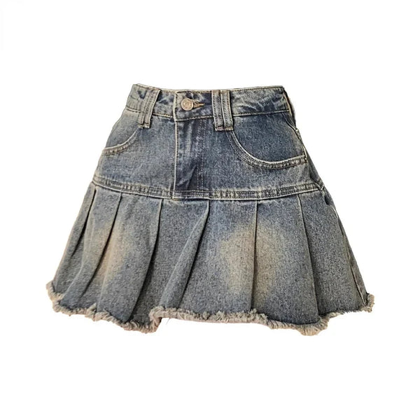 Vintage Pleated Distressed Denim Mini Skirt — vista frontale