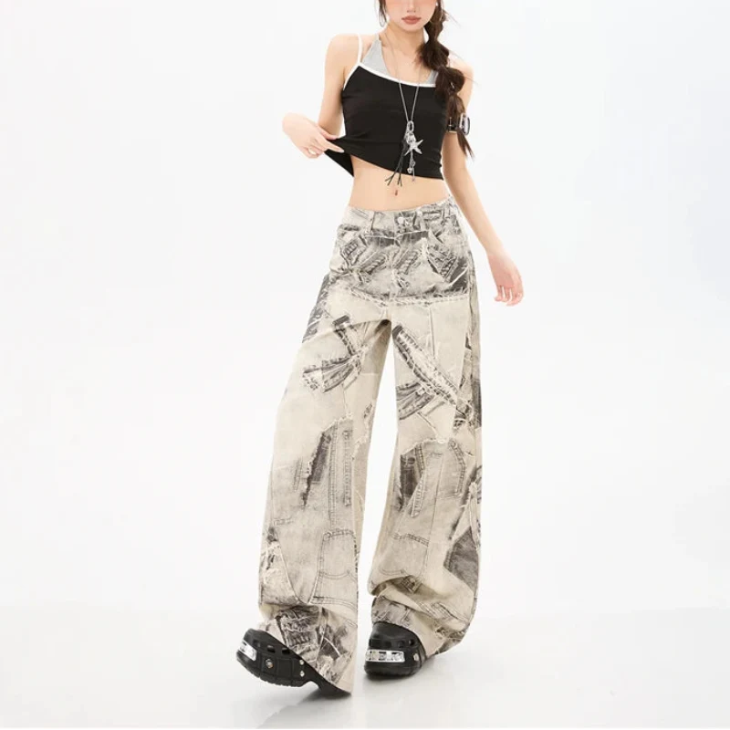 Vintage Print Wide Leg Baggy Jeans — dettaglio