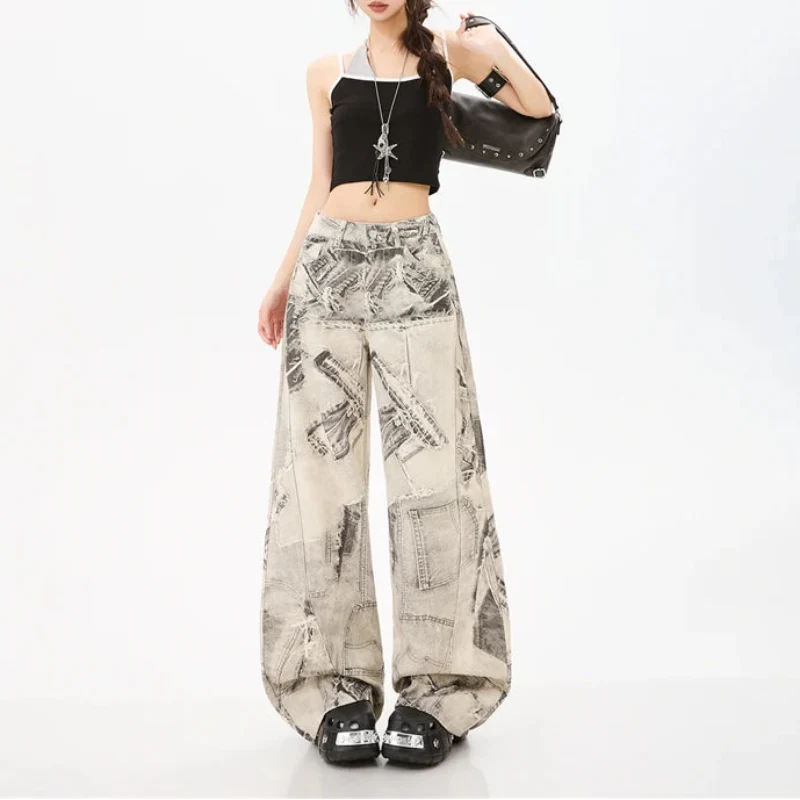 Vintage Print Wide Leg Baggy Jeans — vista frontale
